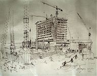 vanuit de bouwkeet bij ziekenhuis leyenburg pentekening 1969